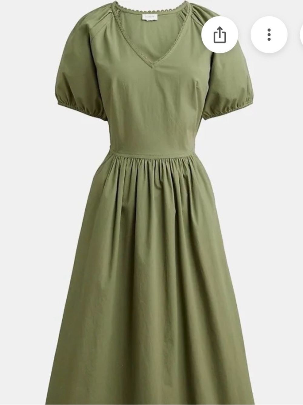 J. Crew Olive Green V-Neck Puff Sleeve Midi Dress